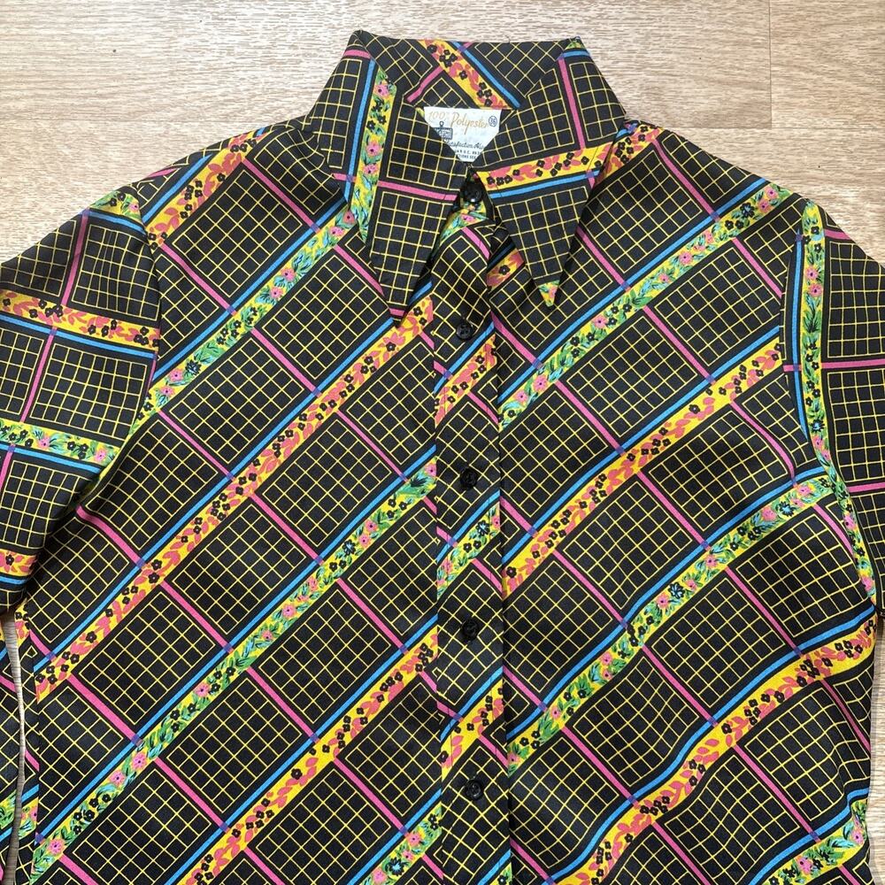 Vintage 1970's Mod K-Mart Floral Disco Blouse Polyester Shirt Size 36 Medium